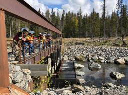 Polley Lake weir with view of fish ladder, and  SD27 school teacher tour group (partnership initiative with MineralsEd)--Sep 2019